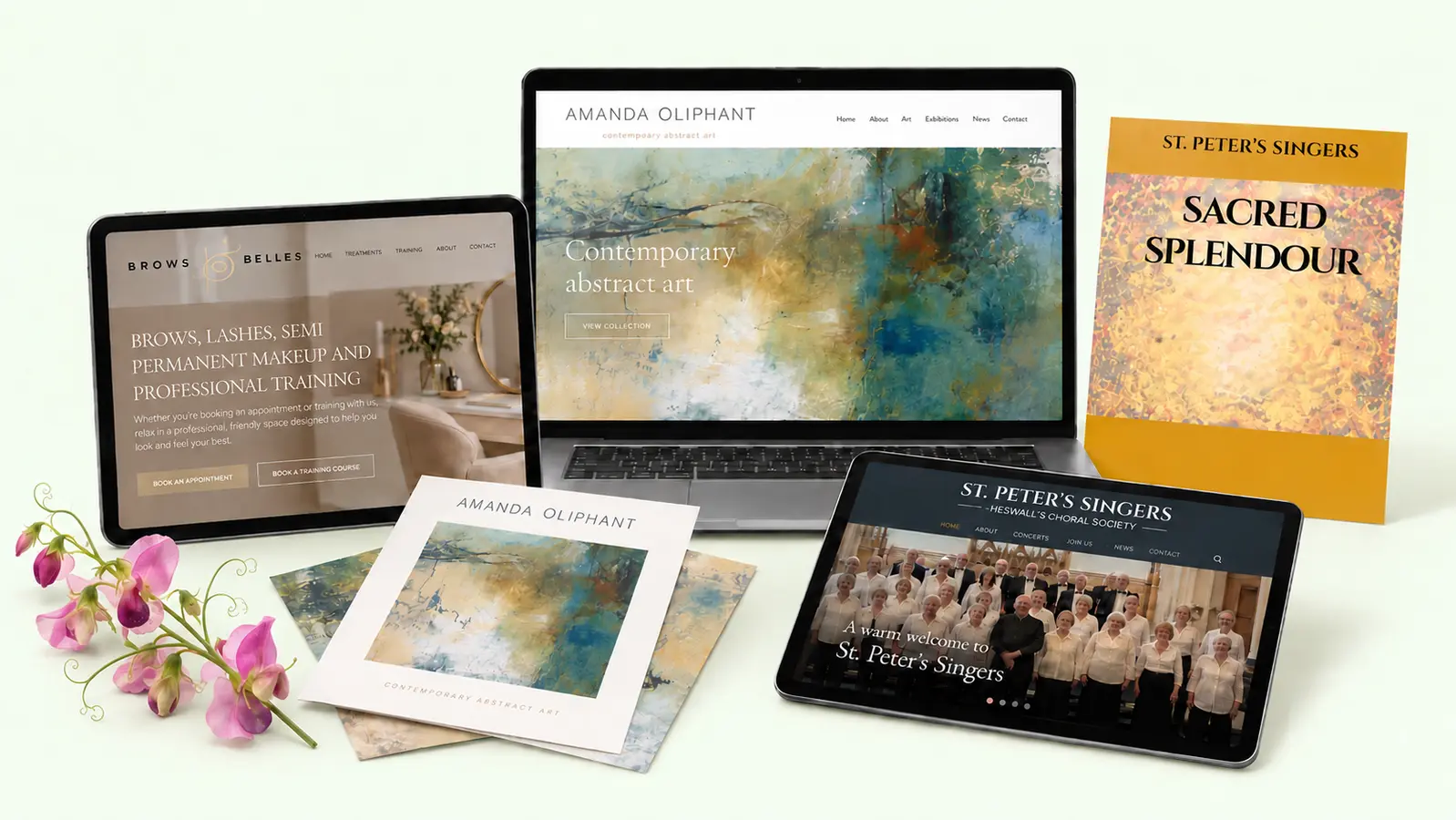 Portfolio montage showing anniePea website, branding and print design projects